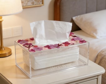 Pressed pink sakura red flower clear square rectangle tissue box for kleenex,Puffs,Tempo, home bathroom decor,custom name housewarming gift