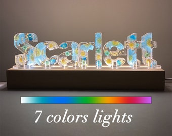 Personalized color letter dried flower resin name lamp,custom real flower nightlight,nice gift for Halloween Christmas,birthday wedding gift