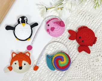 Cartoon animal mini crochet measuring tape,turtle,elephant,fox measuring tape with custom embroidered flower,retirement gift for grandma