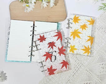 Real flower six ring red maple leaves journal, A6 travel diary,gift for journal lovers, Custom name wedding guestbook,creative artist gift