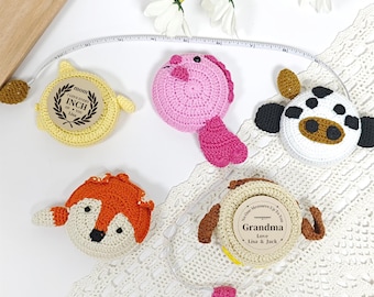 Cartoon animal turtle,elephant,fox mini crochet measuring tape with custom logo patch,retirement gift for grandma,grandmother,mom