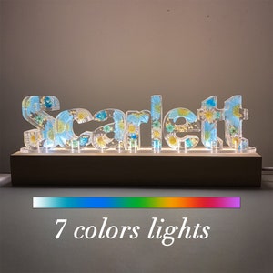 Lámpara de resina con nombre y flores secas con letras de colores personalizadas, luz de noche de flores reales personalizada, bonito regalo para Halloween, Navidad, cumpleaños, boda.