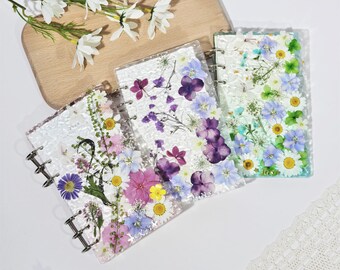 Custom name real flower six ring journal, A6 travel diary,gift for journal lovers, wedding guestbook,creative artist gift,floral sketchbook