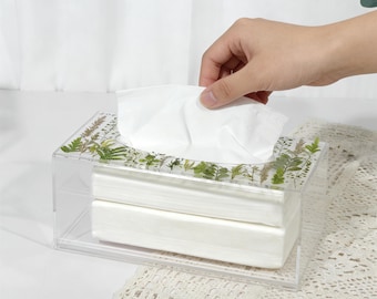 Real natural flower grass clear square rectangle tissue box for kleenex,Puffs,Tempo, home bathroom decor,custom name housewarming gift