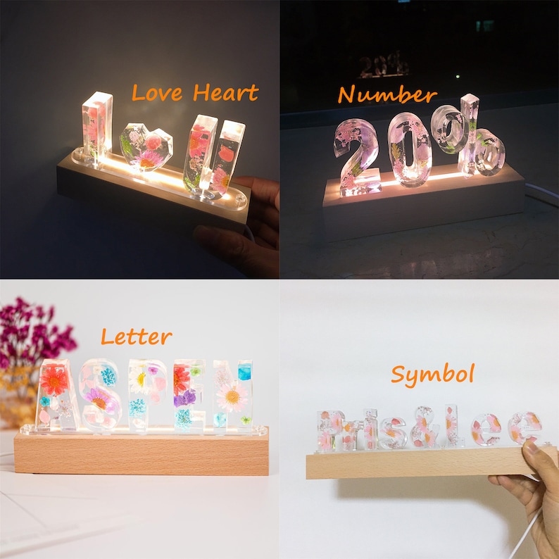 Personalized color letter dried flower resin name lamp,custom real flower nightlight,nice gift for Halloween Christmas,birthday wedding gift image 2