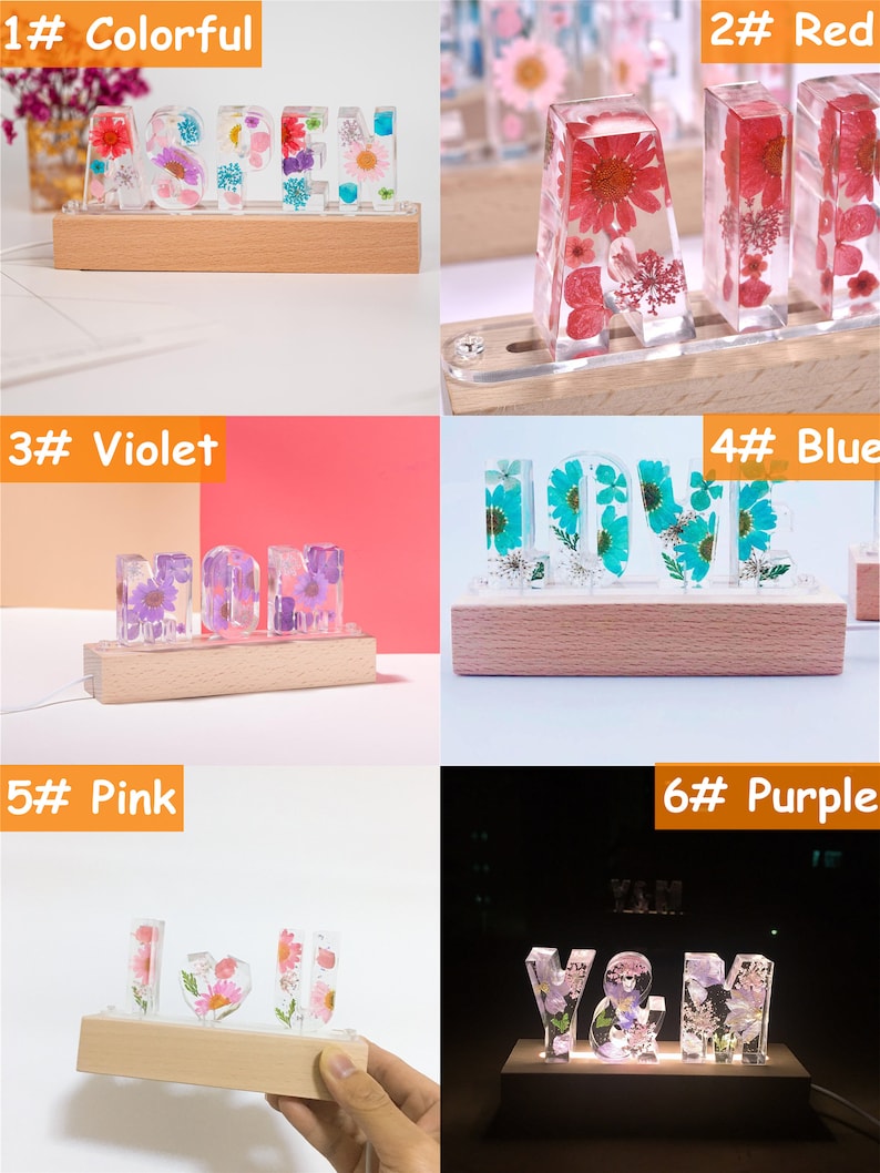 Personalized Color Letter Dried Flower Resin Name Lampcustom Etsy