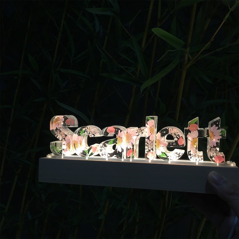 Personalized Color Letter Dried Flower Resin Name Lampcustom Etsy