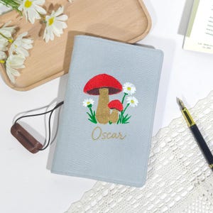 Woodland mushroom embroidered kids notebook, A5 A6 portable replaceable pages travel journal, custom name gift for children & writer