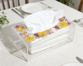 Custom name real yellow purple flower clear square rectangle tissue box for kleenex,Puffs,Tempo, home bathroom decor,housewarming gift