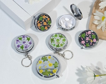Real flower glitter round pill box with makeup mirror,keychain jewelry box,cute custom name travel pocket pill box,engraved birth flower