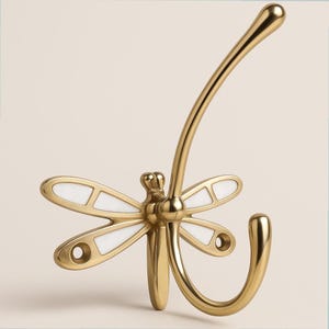 Brass Dragonfly Wall Hook with Mother of Pearl Inlay | Double Coat Hook for Hallway, Bedroom or Bathroom | Elegant Brass Hardware
