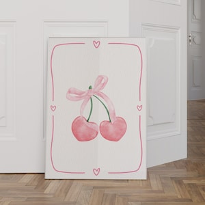 Pink Cherry Wall Art Print, Cherry Bows Poster, Hot Pink Wall Art, Coquette Room Decor, Preppy Bedroom Art, Bows Pink Cherry Aesthetic Art