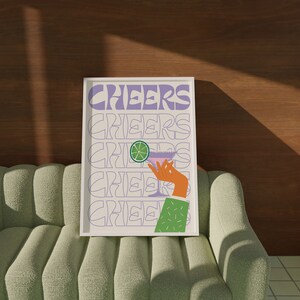 Purple Cheers Print, Cheers Sign, Bar Cart Art Print, Retro Cocktail Print,Alcohol Prints, Prints for Kitchen, Cheers Wall Art, Bar Art