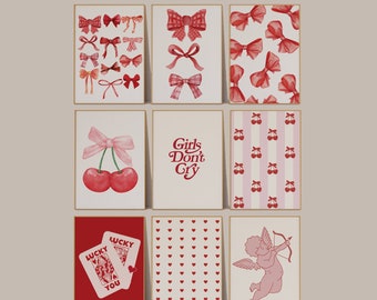 Red Trendy Wall Art, Red Bow Printable, Coquette Pink Bow Bedroom Decor, Girly Preppy Aesthetic, Cherry Print, Soft Girl BedRoom Decor Set 9