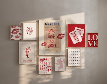 Preppy Gallery Wall Set, Red Lucky You Poster, Red girly wall art, Trendy Room Decor, Preppy Love Room Decor Girls, Guest Check Prints ,