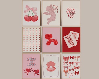 Red Wall Print Set Of 9, Cute Pink Red Prints, Preppy Print Set Girly, Lucky You Ace, Retro Trendy Aesthetic Print, Coquette Room Decor Red