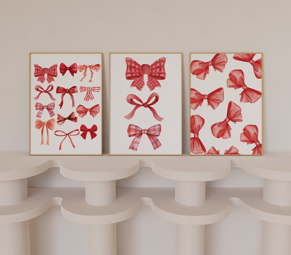 Red Trendy Wall Art, Red Bow Printable, Coquette Pink Bow Bedroom Decor ...