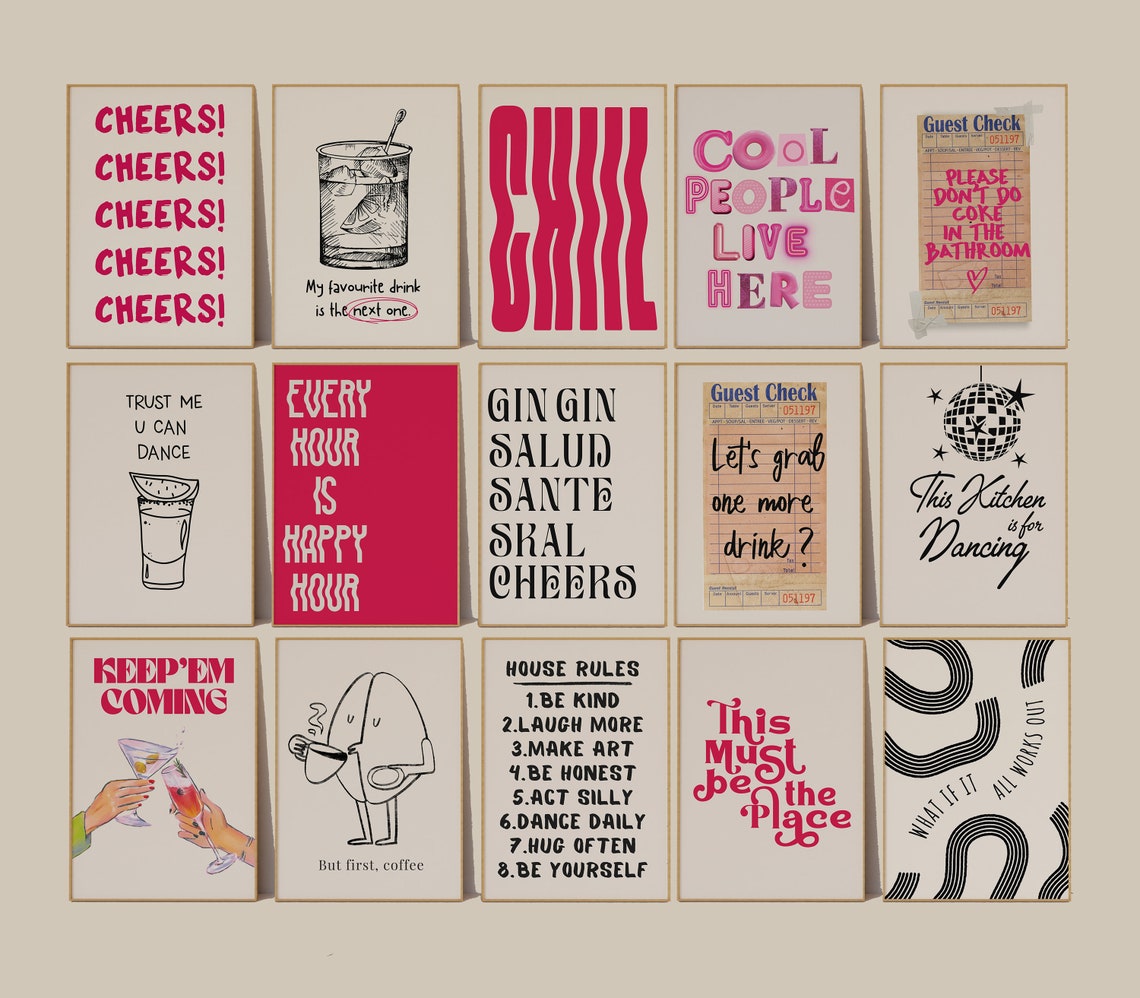 Bar Cart Decor Set 15, Retro Wall Art, Trendy Art Prints, Preppy Home