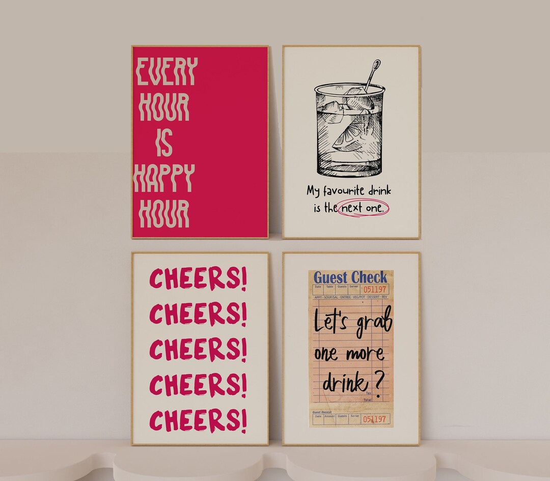 Bar Cart Art Print, Set of 4 Prints, Trendy Bar Cart Set, Retro