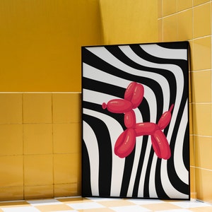 Arte de pared de perro globo, maximalista de impresión Y2k, arte digital preppy, arte de pared funky de moda, perro globo rosa, globo rosa Yk2, arte de pared retro