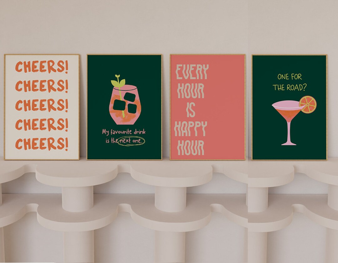 Set of 4 Prints, Bar Cart Set, Retro Cocktail Print, Vintage Bar Decor