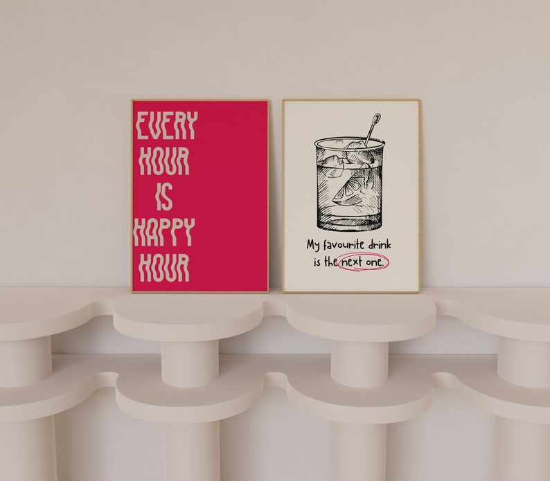 Bar Cart Art Print, Set of 4 Prints, Trendy Bar Cart Set, Retro