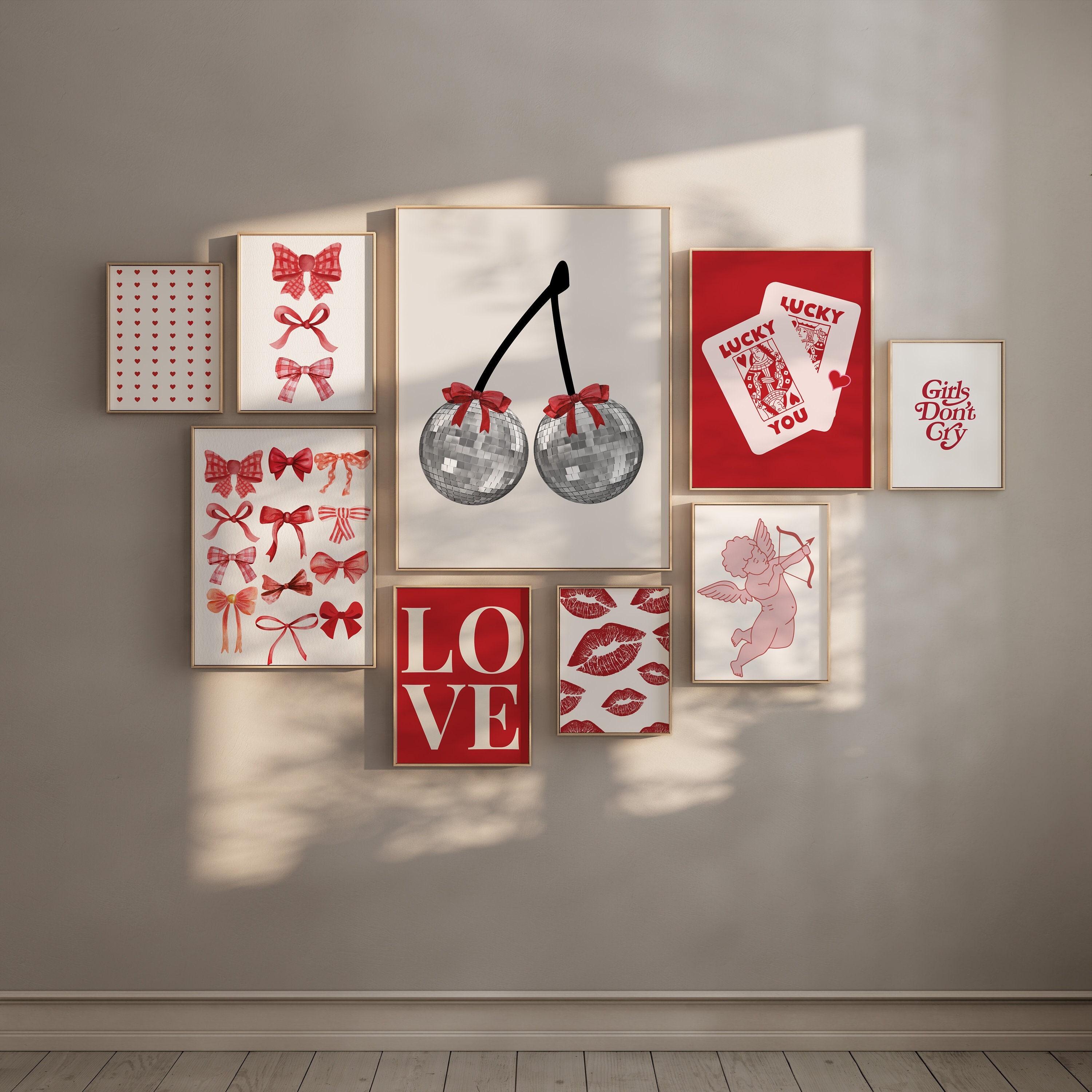 Gallery Wall set of 9, Preppy Room Decor for Girls Red, Aesthetic Cherry Disco Ball, Cute Apartment Decor, College Dorm Decor, aesthetic Art