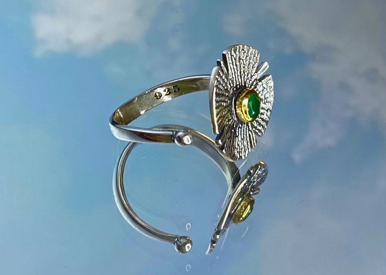 Adjustable Statement Ring Gift 925 Sterling Silver Turkish Emerald GemStone Ring Hammered Handmade Pond Lily Designed Silver Ring