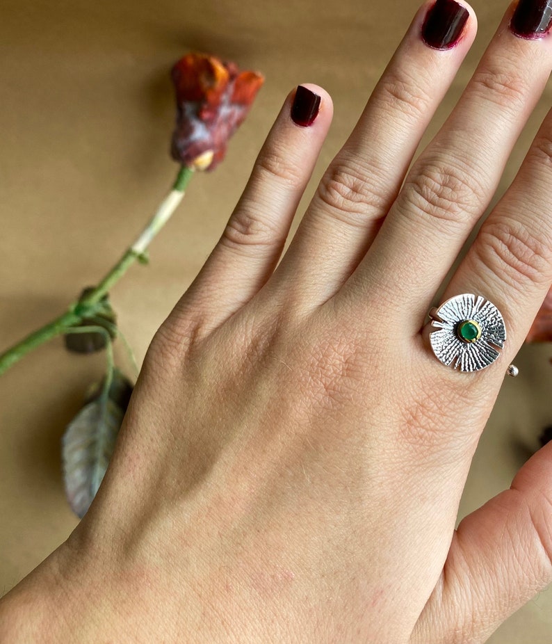 Adjustable Statement Ring Gift 925 Sterling Silver Turkish Emerald GemStone Ring Hammered Handmade Pond Lily Designed Silver Ring