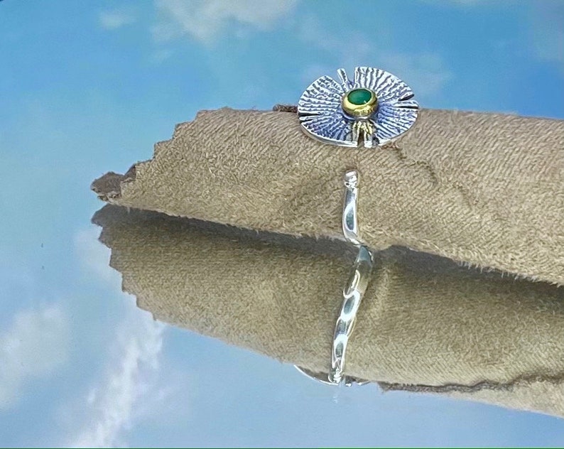 Adjustable Statement Ring Gift 925 Sterling Silver Turkish Emerald GemStone Ring Hammered Handmade Pond Lily Designed Silver Ring