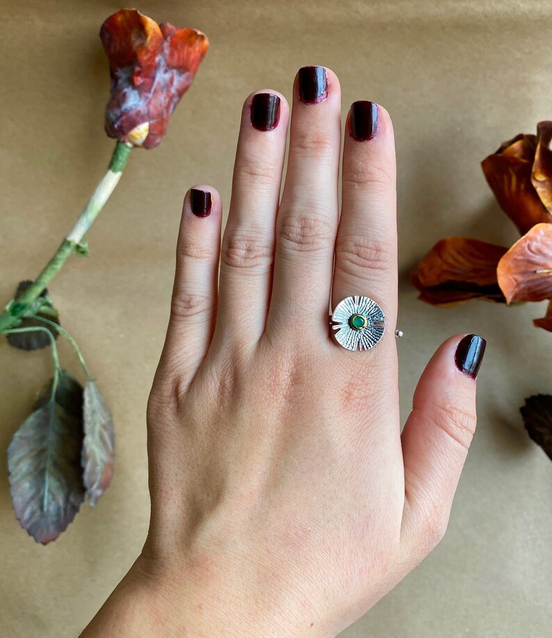 Adjustable Statement Ring Gift 925 Sterling Silver Turkish Emerald GemStone Ring Hammered Handmade Pond Lily Designed Silver Ring