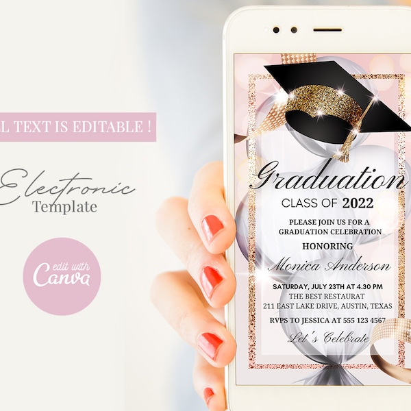 Digital Graduation Party invitation, Electronic Pink Graduation Phone Invitation Template, Instant Download 2022 Grad Invite, Editable Evite