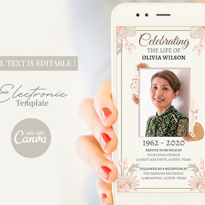 Electronic Funeral Invitation Template for Woman, Evite, Rectangle Photo Invite, Phone Death Announcement, Celebration Of Life for Women