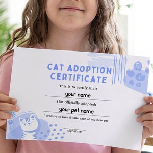 Editable Blue Cat Adoption Certificate Template, Digital File Kitty Cat Adoption Party Invitation, Instant Download Printable Certificate