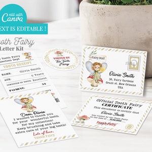 Mini juego de cartas de hada de los dientes de acuarela imprimible, descarga instantánea de certificado, sobre, recibo y paquete de cartas del hada de los dientes diminutos.