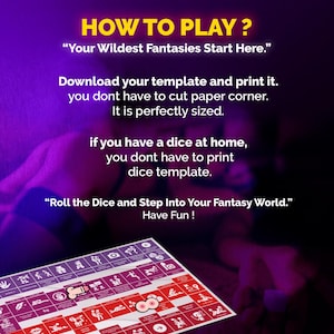 Op de afbeelding: Een bordspel met rode en paarse vakken, met verschillende illustraties en de tekst "HOW TO PLAY?" en "Roll the Dice and Step Into Your Fantasy World." Het spel bevat instructies.