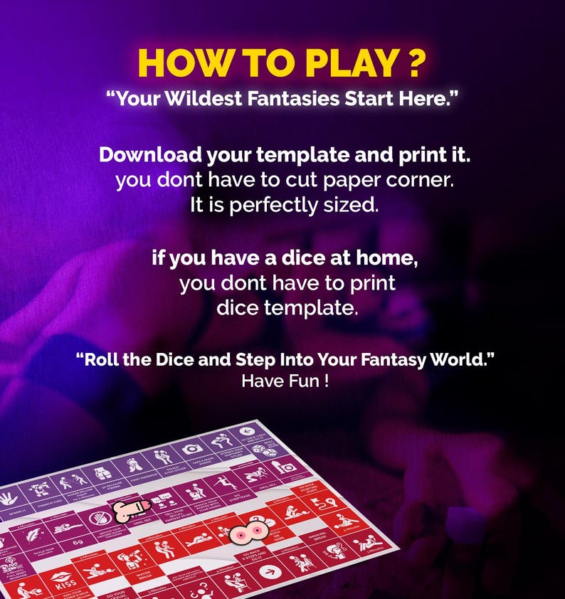 Op de afbeelding: Een bordspel met rode en paarse vakken, met verschillende illustraties en de tekst "HOW TO PLAY?" en "Roll the Dice and Step Into Your Fantasy World." Het spel bevat instructies.