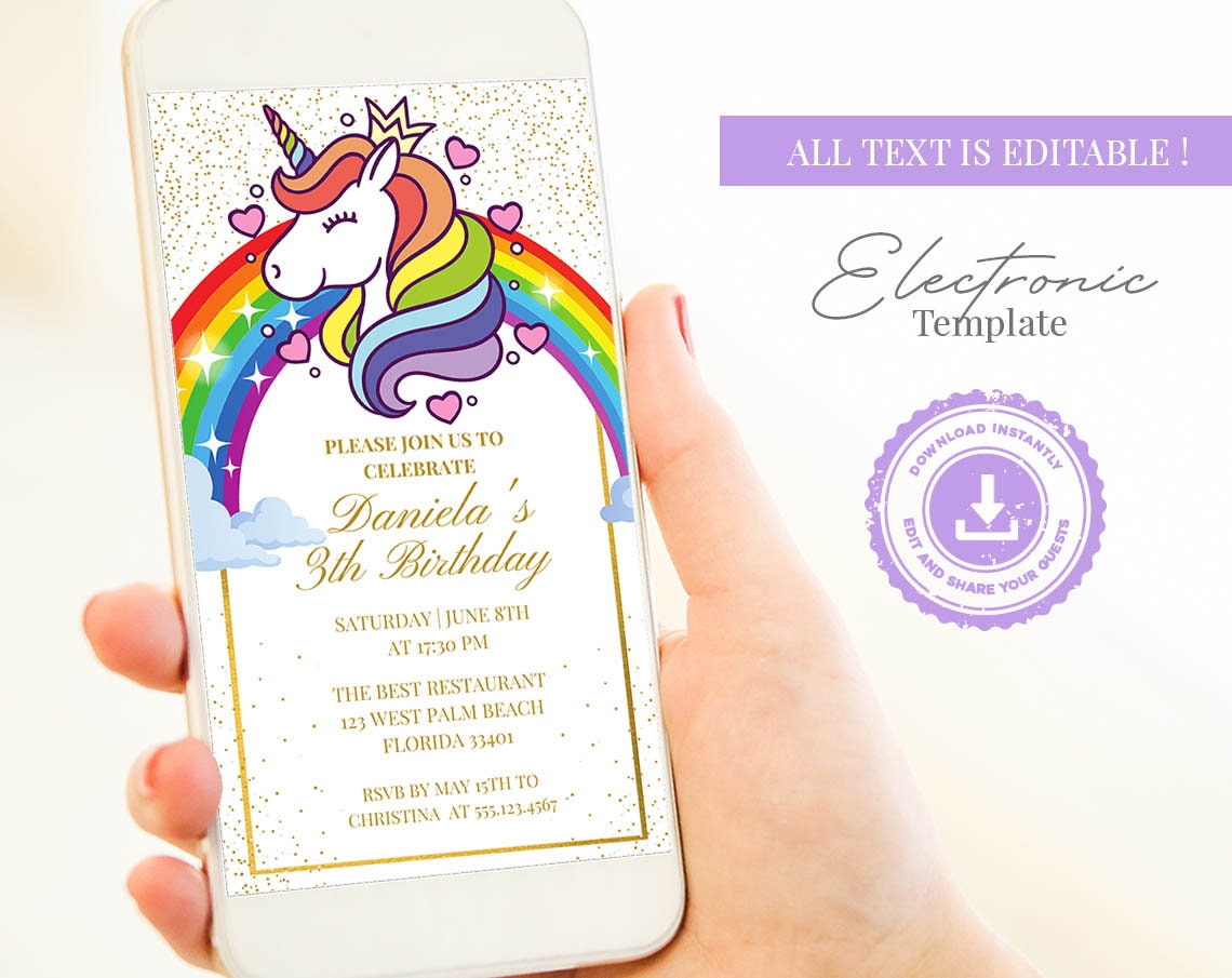 Digital Rainbow Unicorn Birthday Invitation Editable Unicorn - Etsy