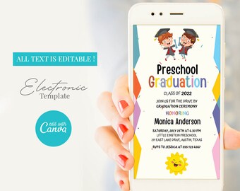 Elektronische Vorschul-Abschlussfeier-Einladung für einen Jungen oder ein Mädchen, Kindergarten-Abschluss-Einladungen, digitaler Download-Kind-Abschluss-Party-Einladung