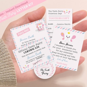 Kit editable de mini cartas de hada de los dientes para niña, descarga instantánea de carta y certificado de hada de los dientes diminutos, kit de sobres personalizado de hada de los dientes