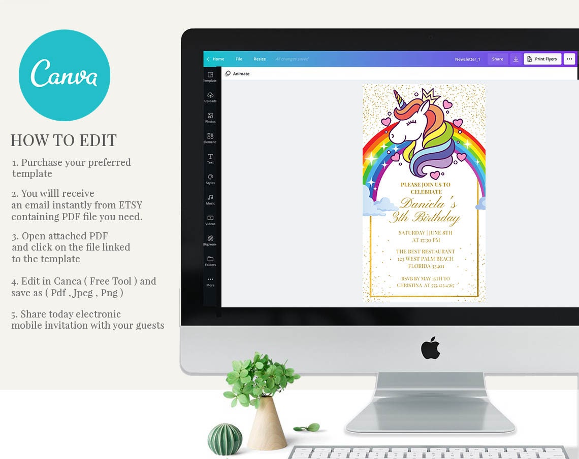 Digital Rainbow Unicorn Birthday Invitation Editable Unicorn - Etsy
