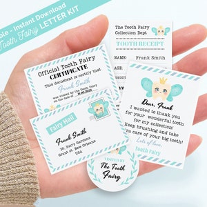 Kit de cartas de hada de los dientes diminutos imprimibles para niño, certificado de mini hada de los dientes editable, plantilla de sobre y recibo, nota de hada de los dientes azules