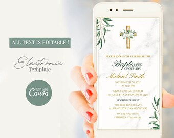 Electronic Greenery Baptism invitations template, Editable LDS Baptism Text Evite, Digital Download Christening Evite for boy and girl