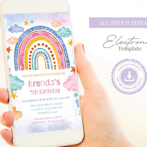 Rainbow Birthday Electronic Invitation Template Editable Digital Download, Colorful Rainbow Girl Kids Birthday Evite, Instant Acess