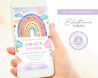 Regenbogen Geburtstag Evite Vorlage, Bunte Mädchen-Einladung (Digitaler Download)