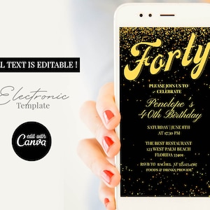 40th Digital Birthday Invitation Template Instant Download, Editable Forty Birthday Party and Dinner Phone Invitation, Electronic Evite