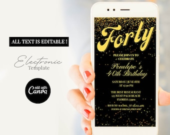 40th Digital Birthday Invitation Template Instant Download, Editable Forty Birthday Party and Dinner Phone Invitation, Electronic Evite