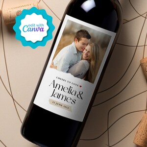 Editable Minimalist Photo Wine or Champagne Label Template, Custom Photo and Names Wine Gift Label, Printable Modern Wedding Wine Sticker
