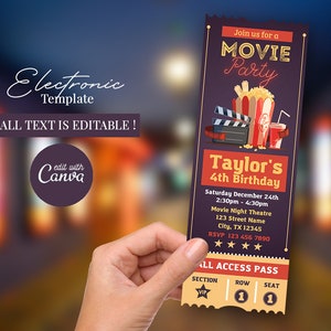 Printable Movie Party Ticket Birthday Invitation, Movie Night Birthday ...