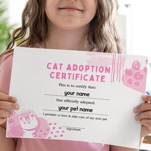 Printable Pink Cat Adoption Certificate, Instant Download Adopt a cat party invite, Digital Kitty Cat Party Adoption Certificate